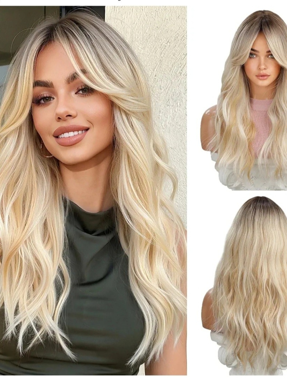 OUFEI Long Wavy Blonde Wig with Dark Roots – New